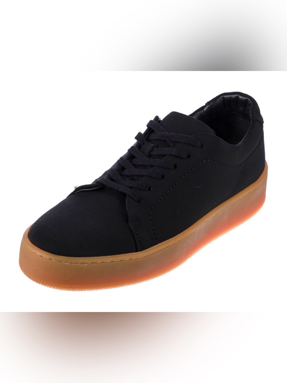 Jenni Kayne Skater Sneakers EUC Size 36/6.5 Black Satiny Neoprene with Tan Sole